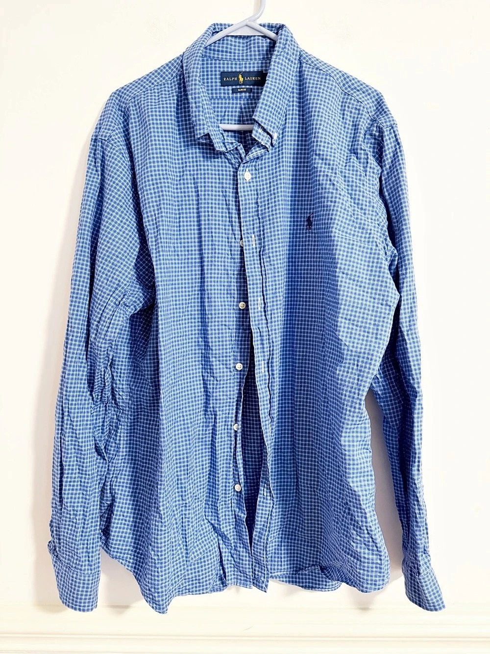 Ralph Lauren Slim Fit Gingham Poplin Shirt Mens XXL Blue White Check Button Down
